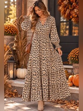 Vince Camuto Beige and Black Long Sleeve Animal Print Maxi Dress